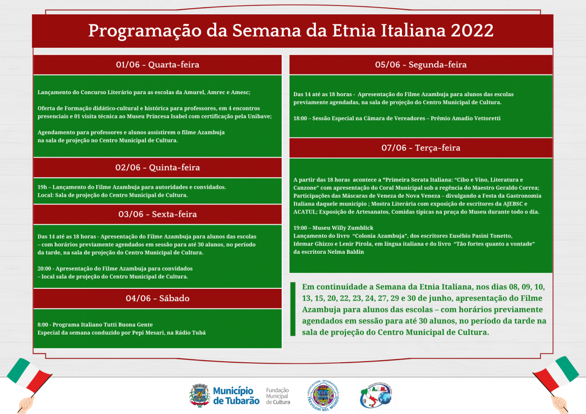 Semana da Etnia Italiana em Tubarão começa dia 1º de junho – Prefeitura de  Tubarão